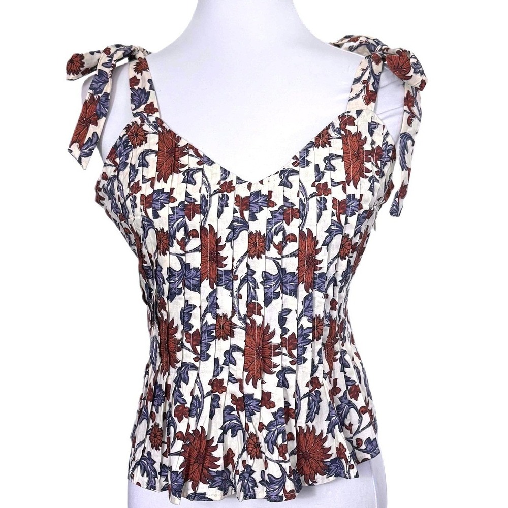 Let Me Be Floral Pleated Camisole Women Size S Tie Shoulder Boho Top Cream Multi